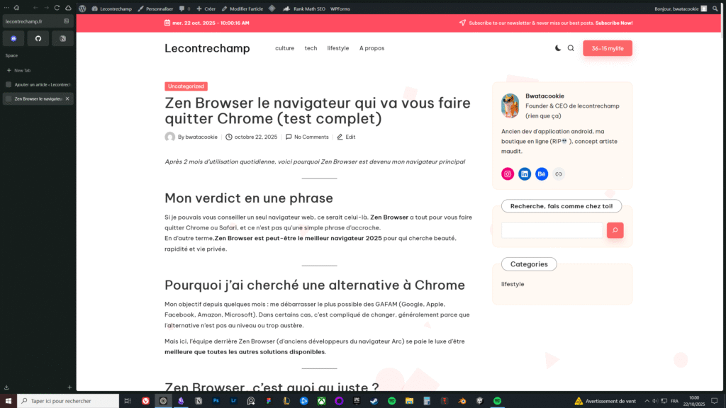 interface du navigateur Zen Browser