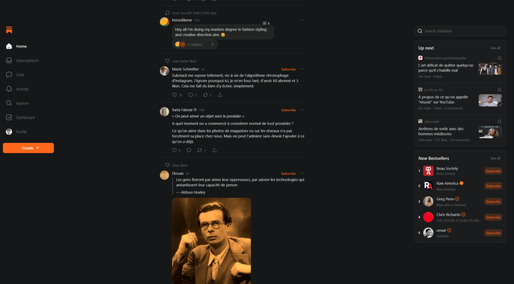 Le coté Note de substack. un coté twitter like
